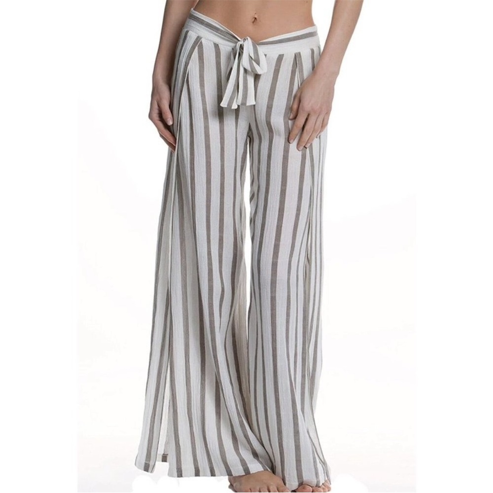 BECCA Virtue blue white stripe open side slit legs tie closure waist long pants - Picture 3 of 9